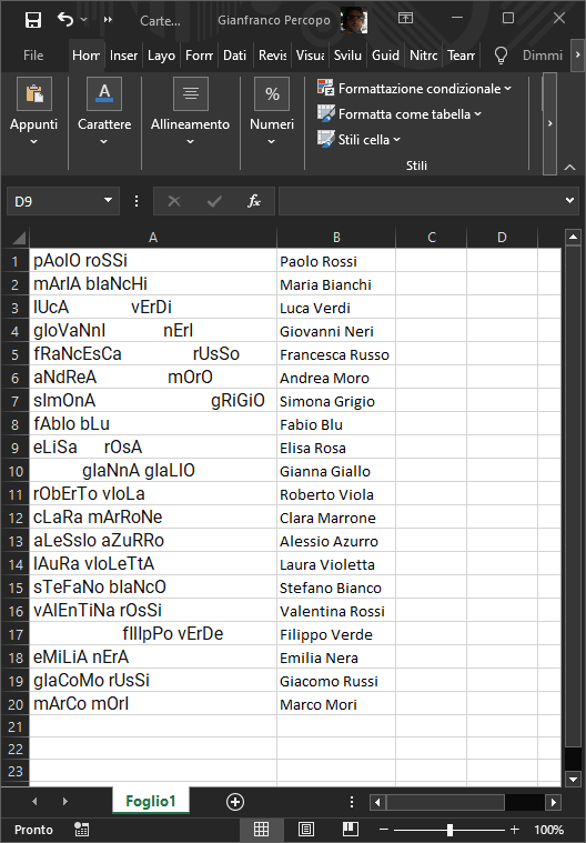 Eliminare gli spazi iniziali, intermedi e finali da una lista di nomi