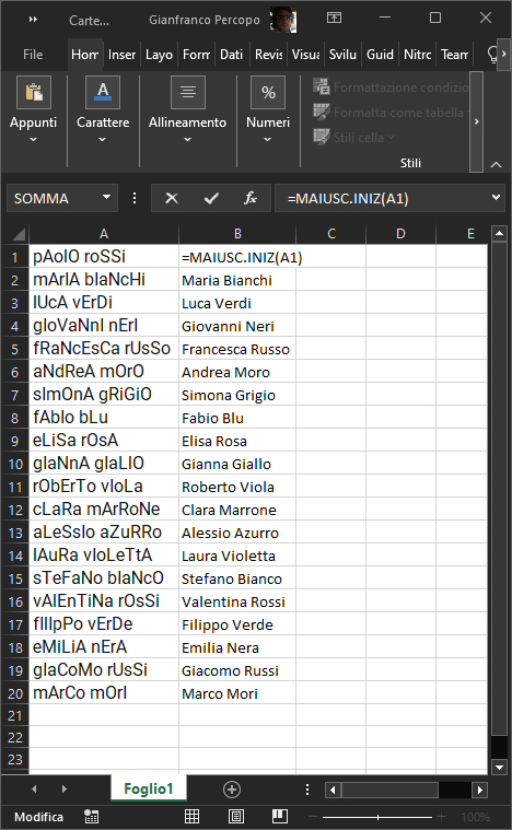 Come formattare correttamente nomi e cognomi in Excel